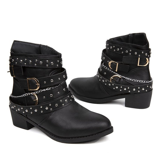 Damen modische Stiefeletten mit dekorativem Riemendesign und hochwertiger Lederoberfläche EB
