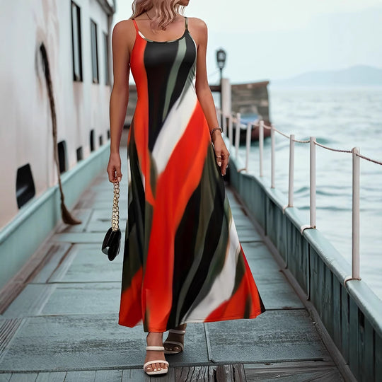 Damen Maxikleid im modernen Grafikdesign mit schmalen Trägern und fließendem Schnitt EB