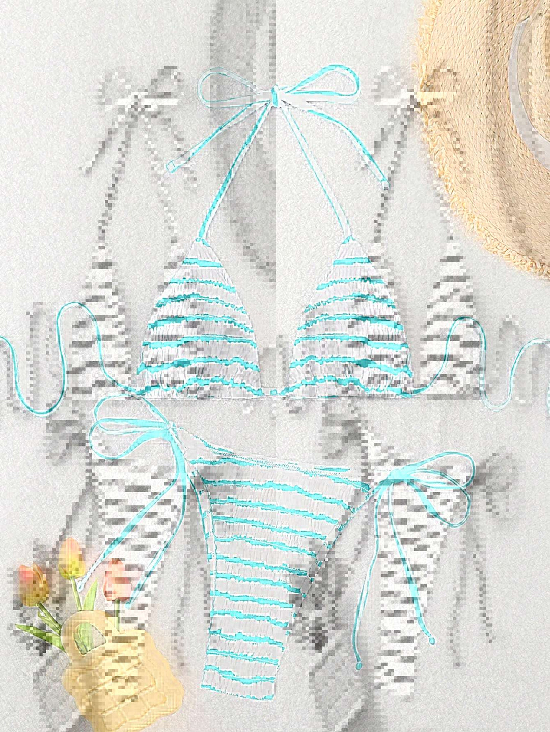 Damen Triangel-Bikini mit feinem Streifenmuster und raffinierten Bindebändern EB