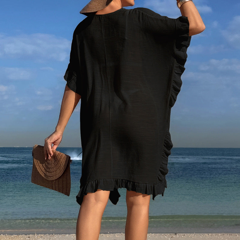 Damen Strandtunika mit elegantem Häkelbesatz und Rüschendetails EB