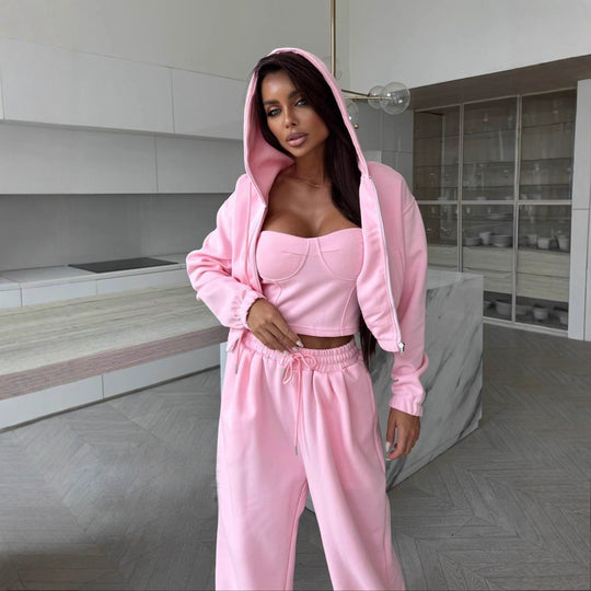 Damen Lässiges Hoodie-Set mit figurbetontem Top und weiter Jogginghose EB