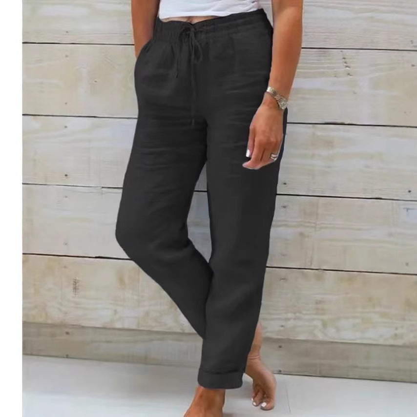 Damen nan lässige Leinenhose mit elastischem Bund Kordelzug und Seitentaschen EB