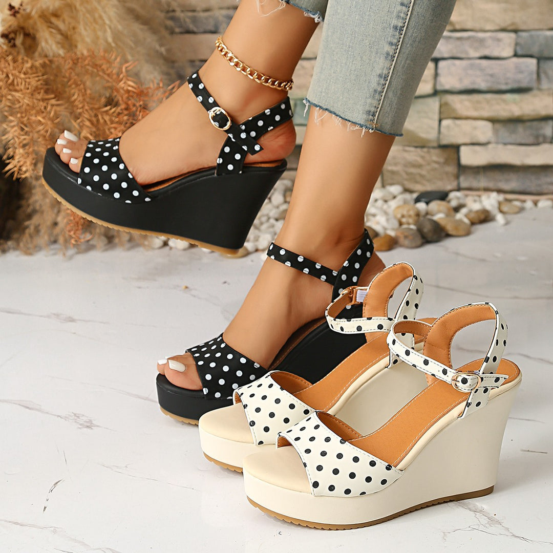 Damen Modische Wedge-Sandalen mit Punkte-Design und verstellbarem Riemen EB