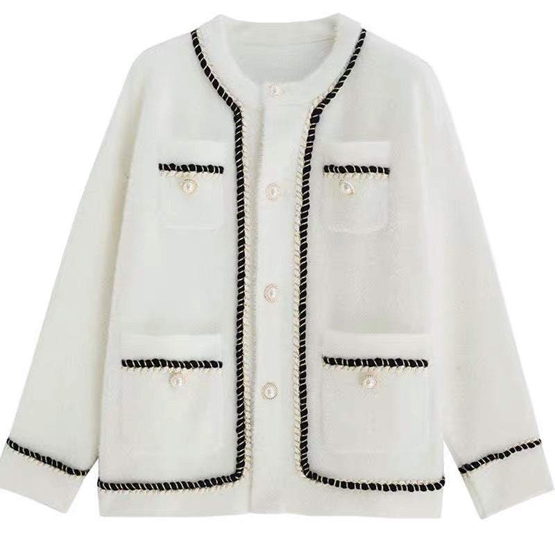 Damen modische Strickjacke mit eleganten Kontrastnähten und Knopfdetails EB