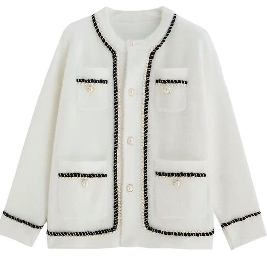 Damen modische Strickjacke mit eleganten Kontrastnähten und Knopfdetails EB