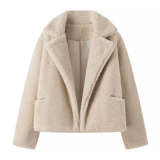 Damen nan kurzes Teddy-Fleece Blouson mit Reverskragen, wattiertem Innenfutter und Eingrifftaschen EB