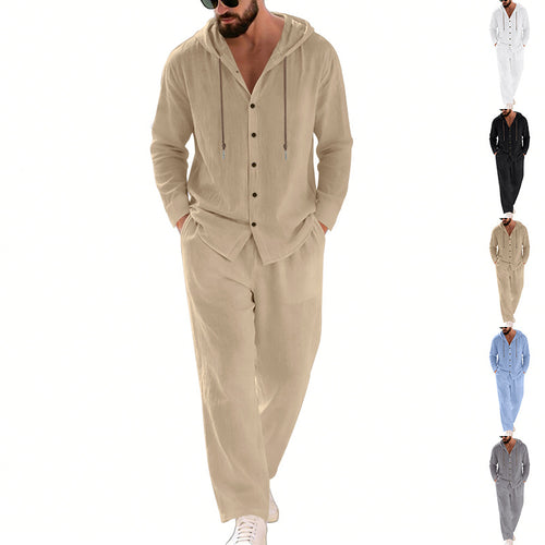 Herren nan zweiteiliges Lounge-Set mit Knopf-Kapuzenhemd aus Kreppjersey und gerader Tunnelzughose EB