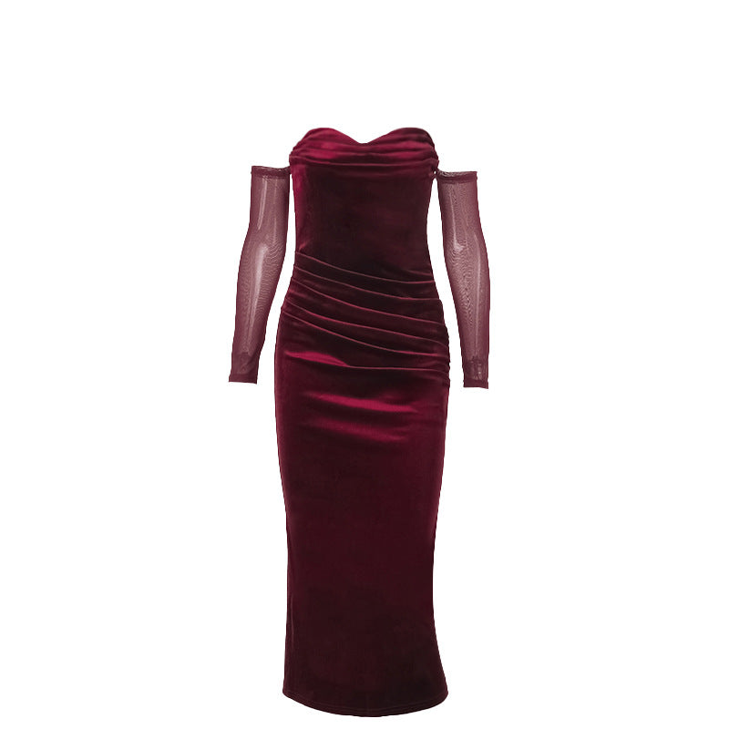 Damen figurbetontes Midi-Kleid mit transparenten Ärmeln und Rüschendetails EB