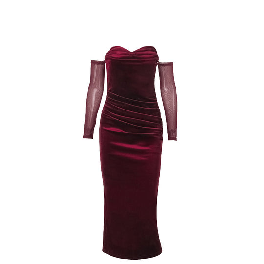 Damen figurbetontes Midi-Kleid mit transparenten Ärmeln und Rüschendetails EB
