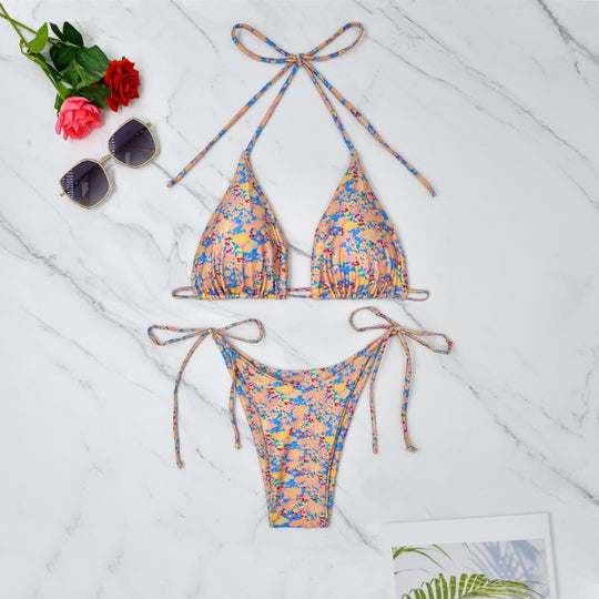 Damen Triangel-Bikini mit verstellbaren Bindebändern und floralem Muster EB