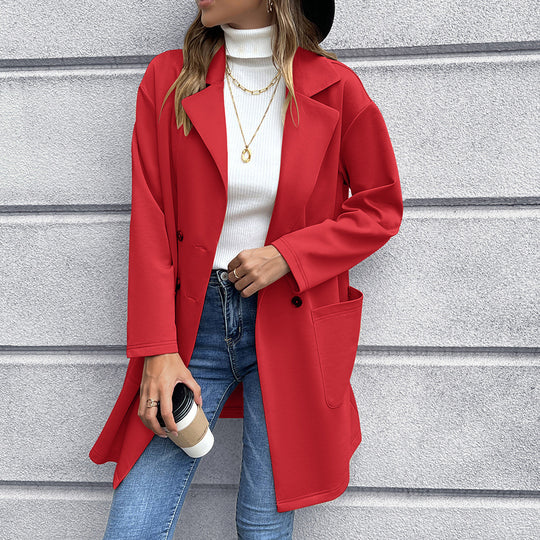 Damen elegante Oversized-Blazerjacke mit doppelter Knopfleiste und praktischen Taschen EB