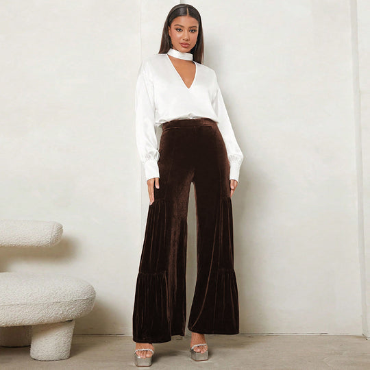 Damen Weit geschnittene Plüsch-Hose mit Falten und hohem Bund EB