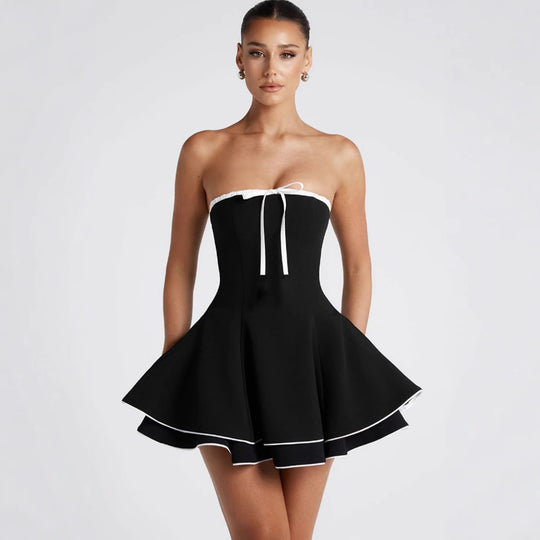 Damen Strapless Freizeitkleid mit voluminösem Schnitt und dekorativem Bindeband EB