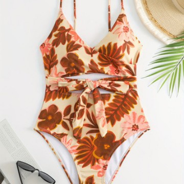 Damen Eleganter Blumenmuster Einteiler Badeanzug EB