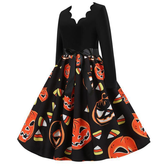 Damen Vintage A-Linien-Kleid mit gewelltem Ausschnitt, Taillenschärpe und Kürbis-Print EB