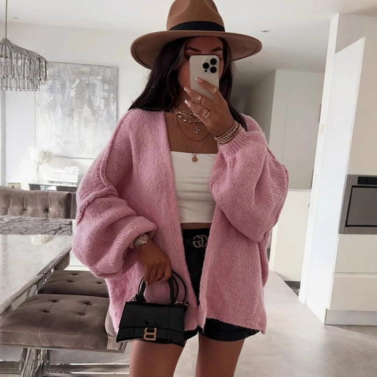 Damen oversized Strickjacke mit lässigen Ballonärmeln und strukturiertem Material EB