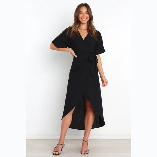 Damen Wickelkleid mit elegantem V-Ausschnitt und modischem Taillengürtel EB