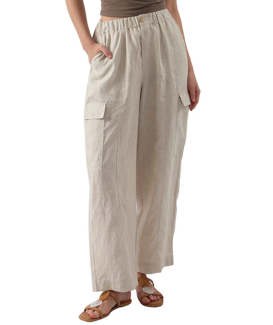 Damen lässige Leinen-Cargo-Hose mit hohen Taschen und elastischem Bund EB