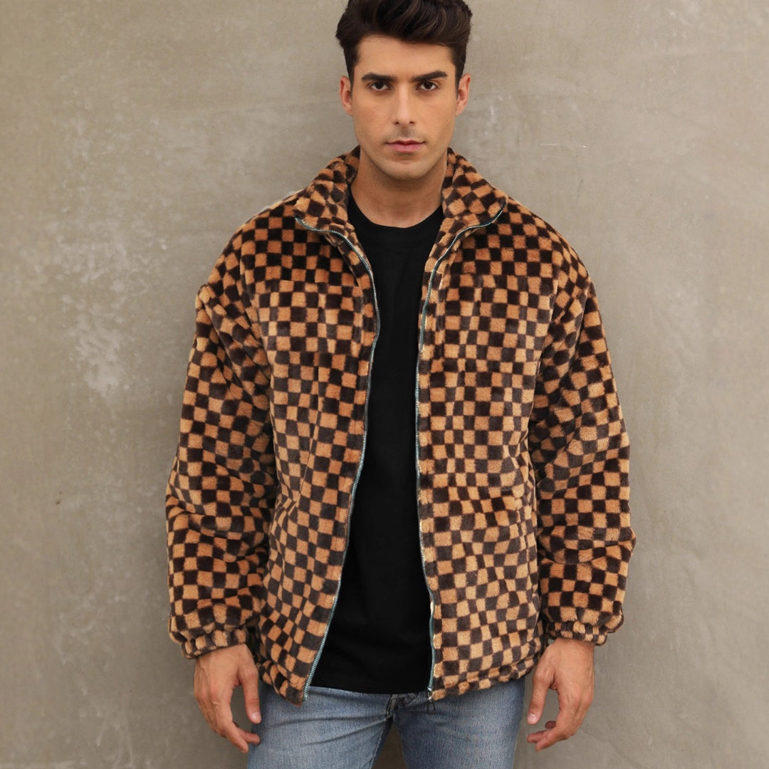 Herren Plüschjacke mit Karo-Muster und hohem Kragen EB