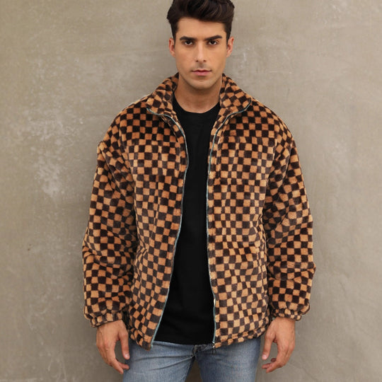 Herren Plüschjacke mit Karo-Muster und hohem Kragen EB