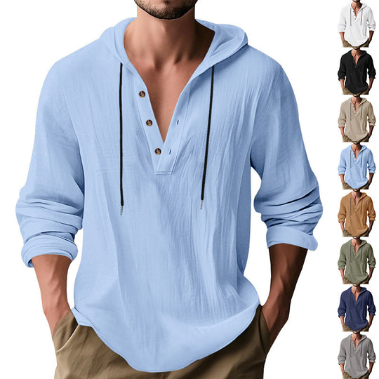 Herren nan lässiges Kapuzen-Henley Leinenmix Overshirt mit Kordelzug EB
