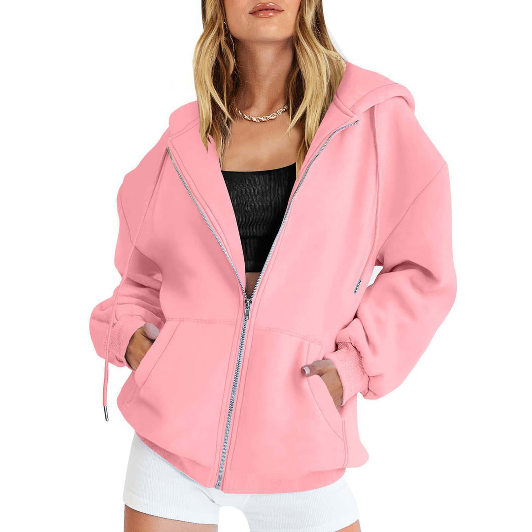 Damen nan Oversize-Kapuzenjacke mit durchgehendem Reißverschluss French-Terry, Kängurutaschen und elastischen Bündchen EB