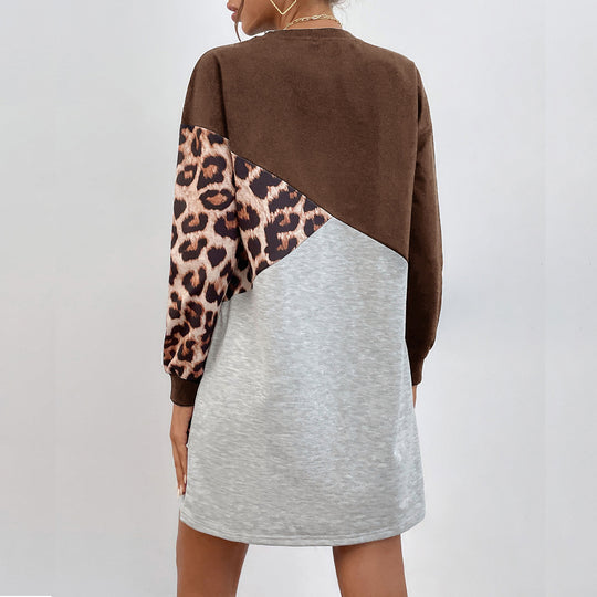 Damen lässiges Sweatshirtkleid mit modischem Tiermuster und asymmetrischem Design EB