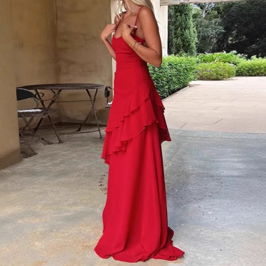 Damen Elegantes Maxikleid mit asymmetrischem Rüschensaum und spaghetti Trägern EB