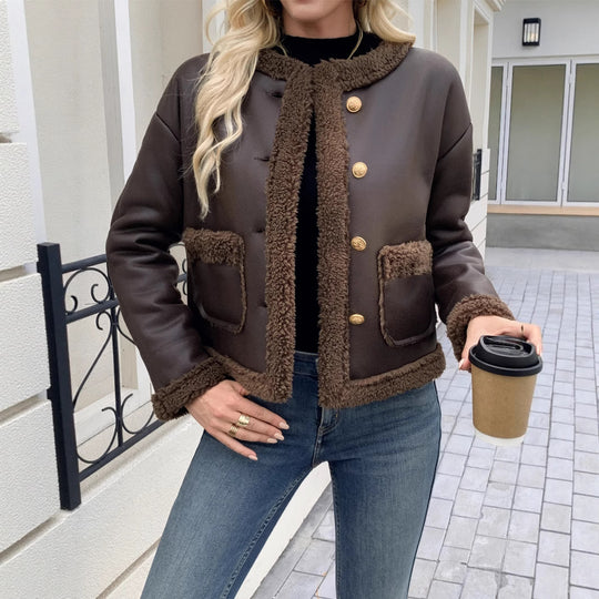 Damen Kurz geschnittene Texturjacke mit verdeckten Knöpfen und Taschen EB