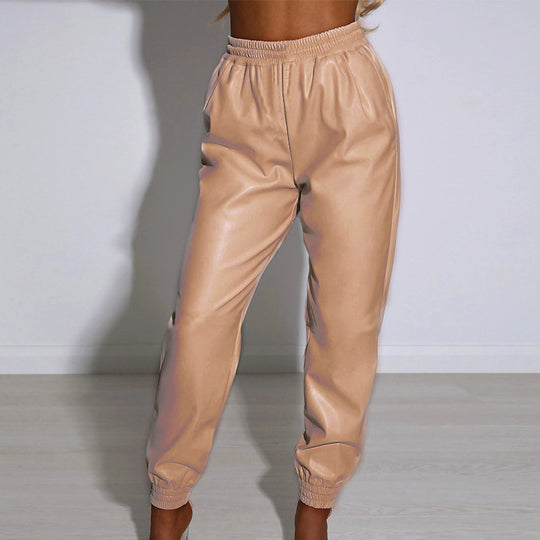 Damen Bequeme Kunstleder Jogginghose EB