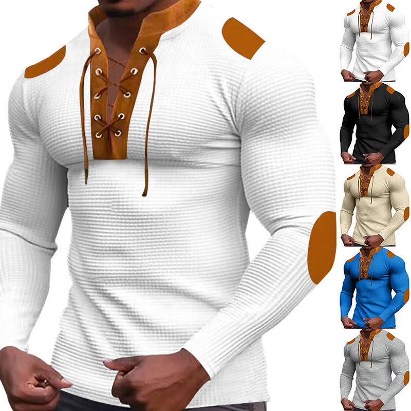 Herren Langarm-Henley-Shirt mit strukturiertem Gewebe und modischem Schnürdesign EB