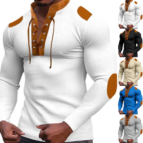 Herren Langarm-Henley-Shirt mit strukturiertem Gewebe und modischem Schnürdesign EB