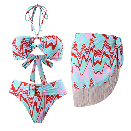 Damen Bikini-Set mit trendigem Wickelrock und faszinierendem Muster EB