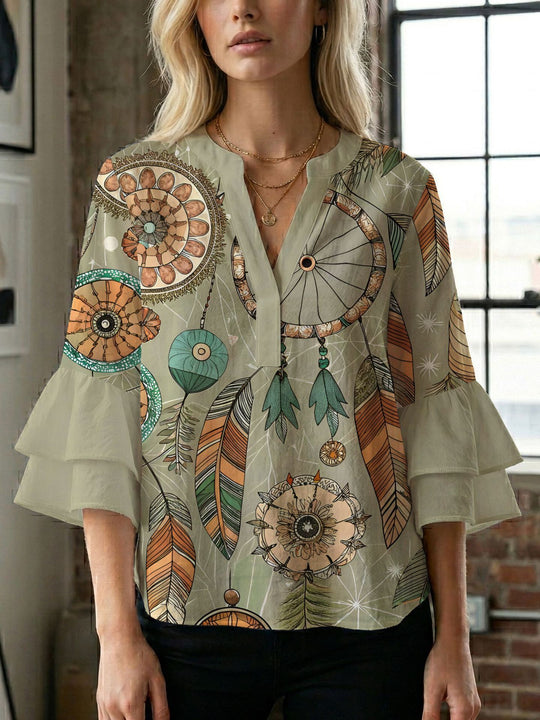 Damen Blusenshirt mit voluminösen Ärmeln und kreativem Druckdesign EB