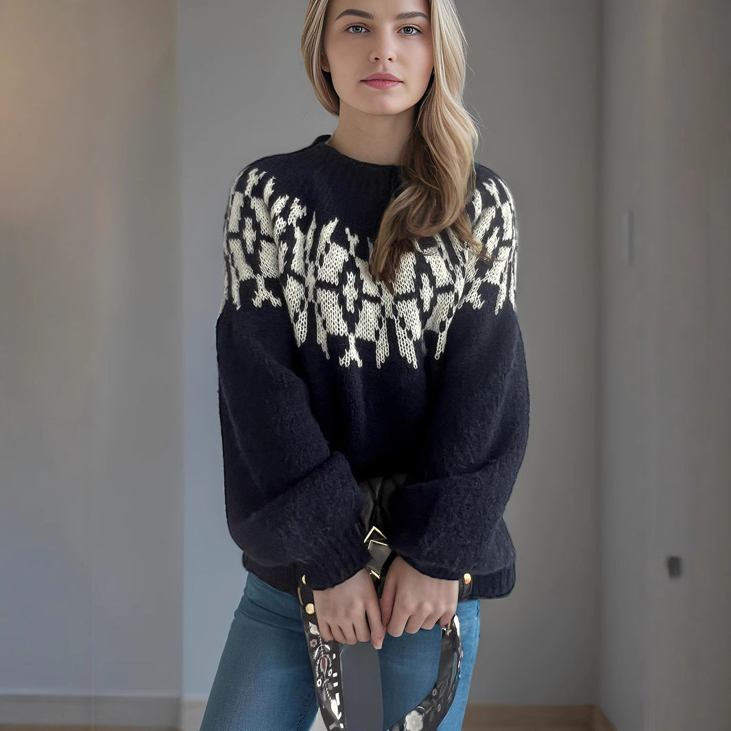 Damen Strickpullover mit voluminösen Ärmeln und modernem Muster EB