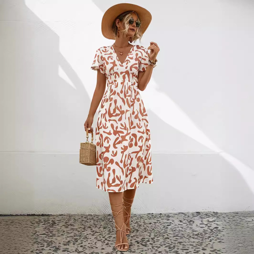 Damen Midi-Kleid mit V-Ausschnitt und fließenden Rüschendetails EB