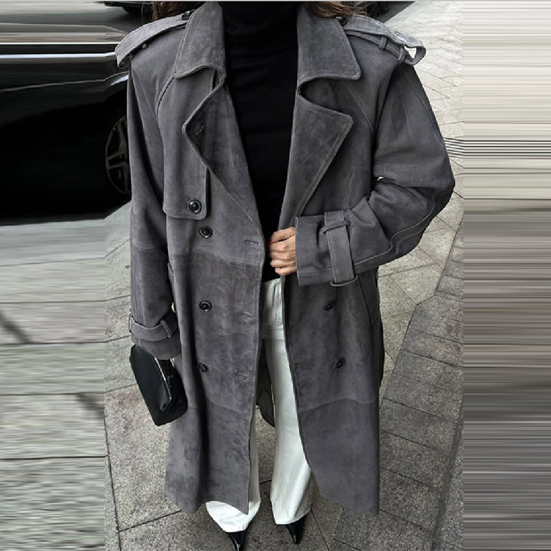 Damen Eleganter Long-Trenchcoat aus weichem Wildleder EB