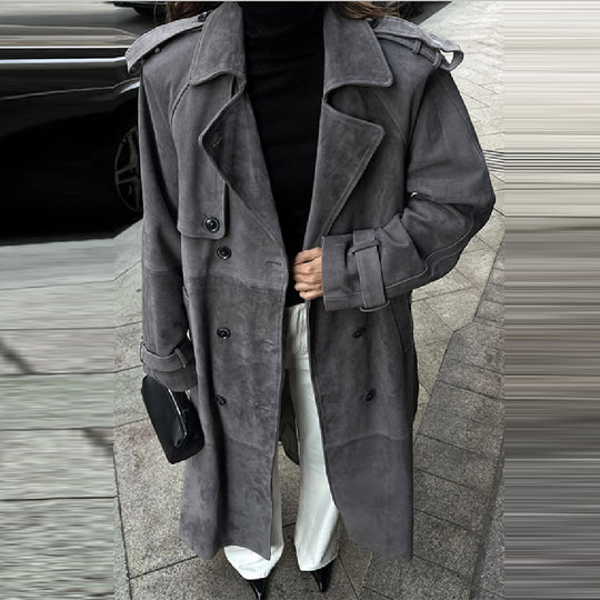 Damen Eleganter Long-Trenchcoat aus weichem Wildleder EB