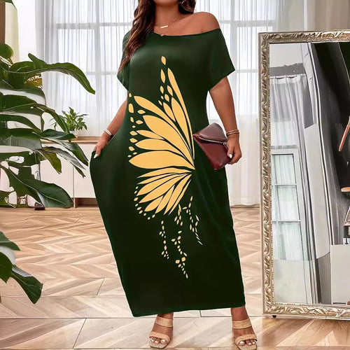 Damen Maxikleid mit XXL Schmetterlings-Motiv und schulterfreiem Design EB