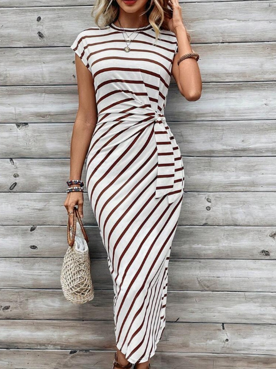Damen Wickelkleid im modernen Streifenlook mit Taillenknoten EB