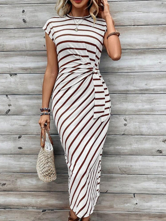 Damen Wickelkleid im modernen Streifenlook mit Taillenknoten EB