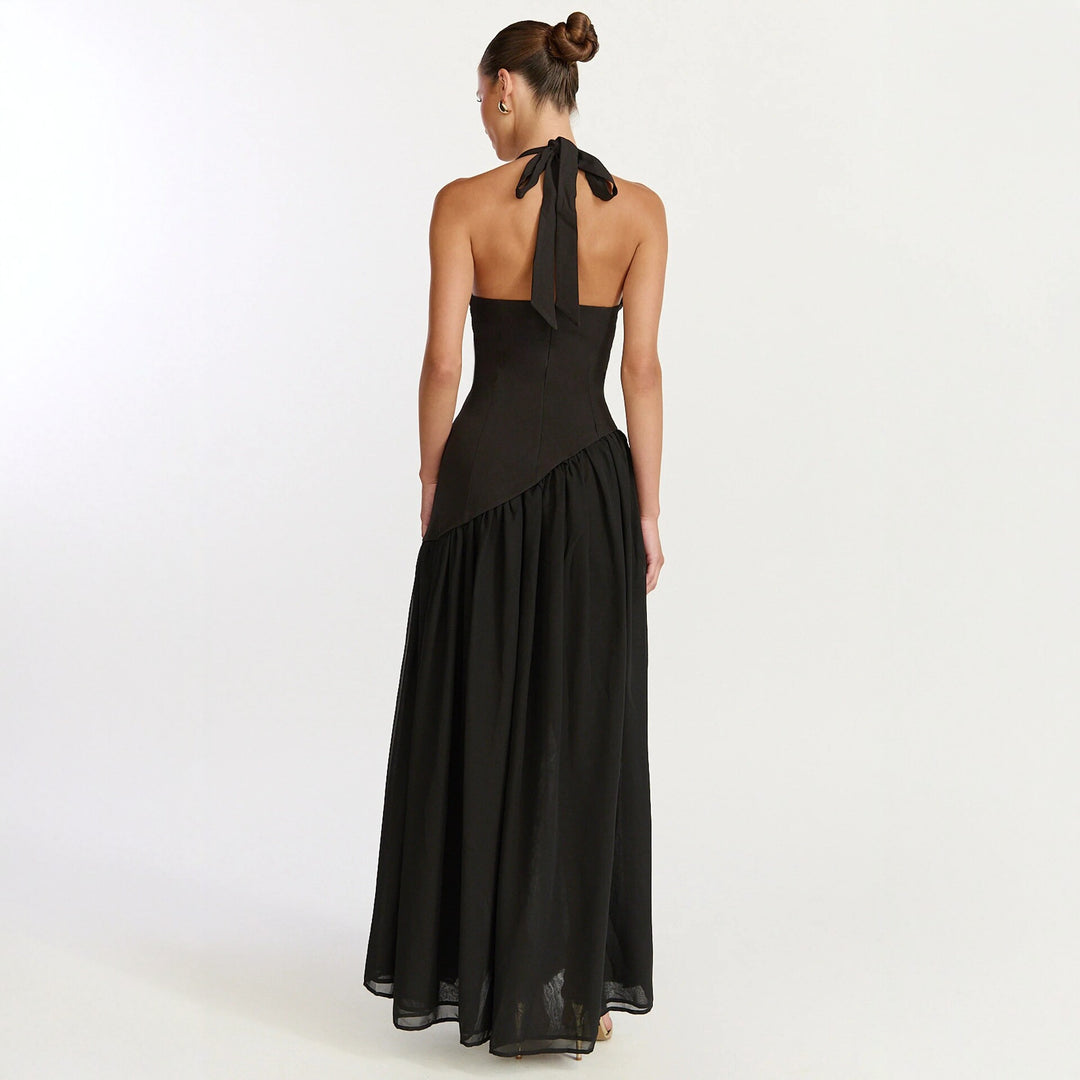 Damen Maxikleid mit tiefem V-Ausschnitt und asymmetrischem Rock EB