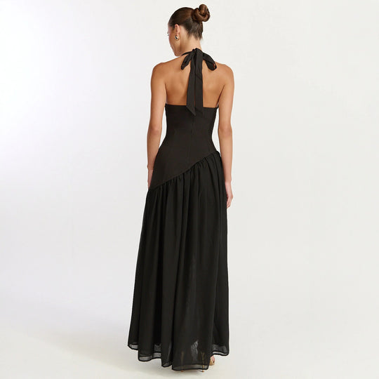 Damen Maxikleid mit tiefem V-Ausschnitt und asymmetrischem Rock EB