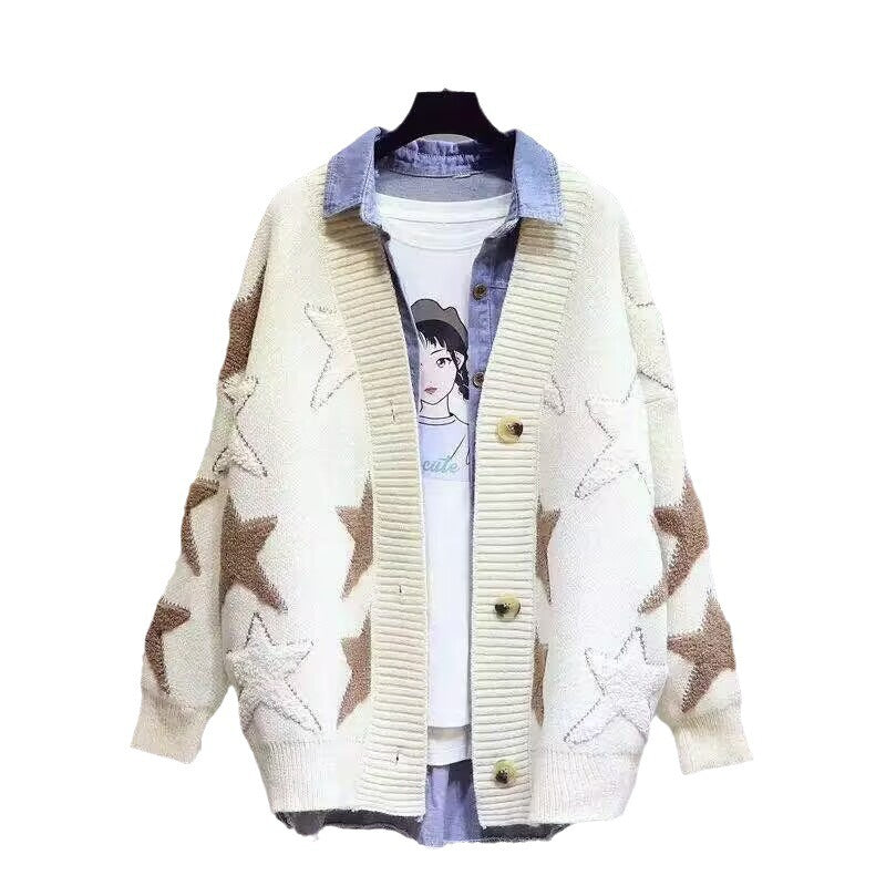 Damen Grobstrick-Cardigan mit Sternenmuster und tiefem V-Ausschnitt EB