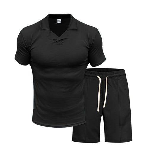 Herren nan kurzärmeliges Polo-Lounge-Set mit V-Einsatz am Kragen und Kordelzug-Bermuda EB