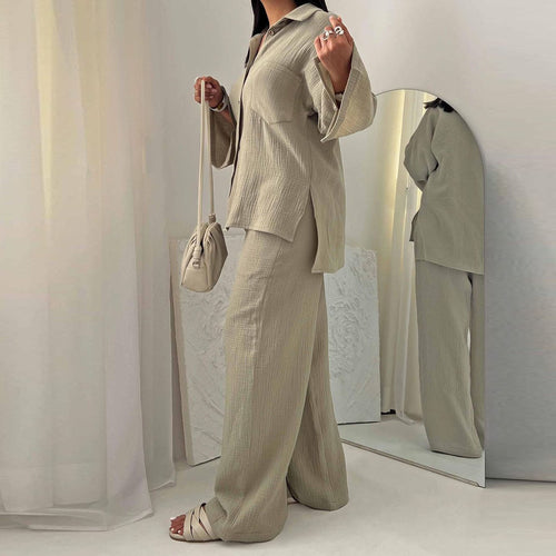 Damen bequeme und stilvolle Blusen-Hosen-Kombination mit eleganter Struktur EB
