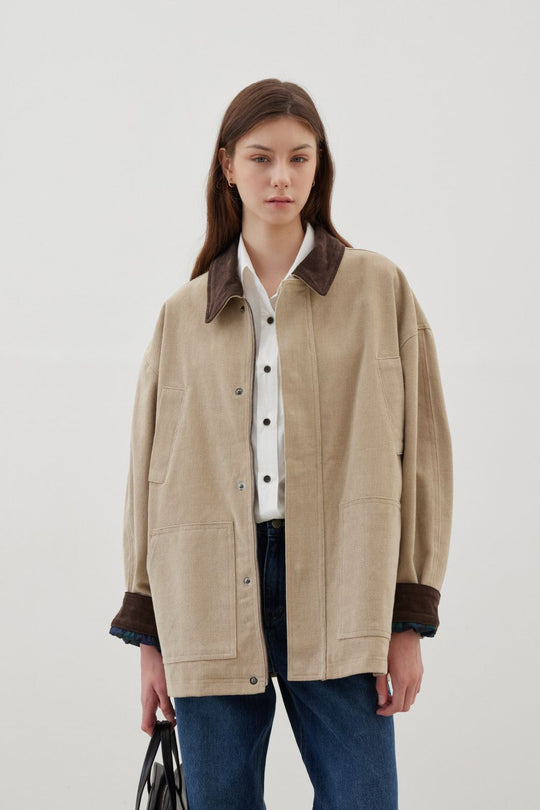 Damen Übergroße Baumwolljacke mit kontrastierendem Kragen EB
