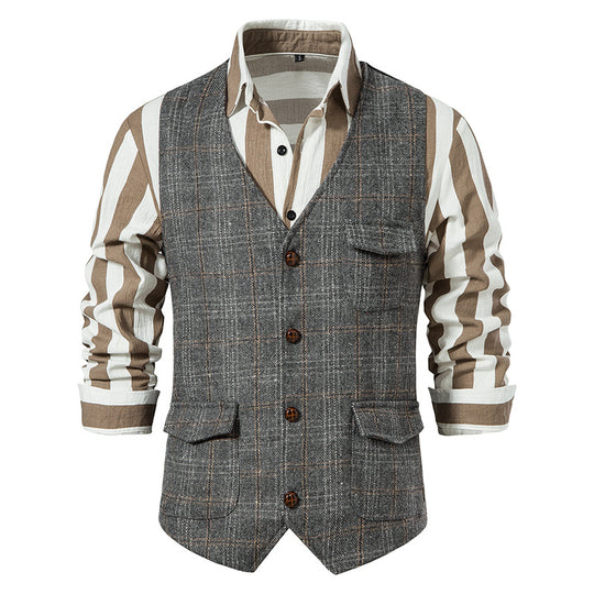 Herren nan kariertes Wollmix Gilet mit Brusttasche und aufgesetzten Seitentaschen EB