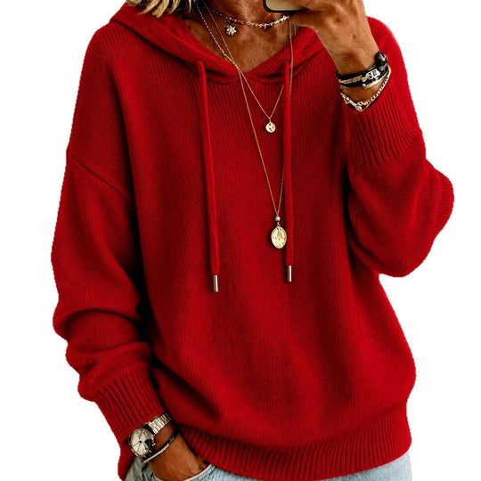 Damen Oversize Kapuzenpullover aus feinem Strick mit Kordelzug und gerippten Bündchen EB