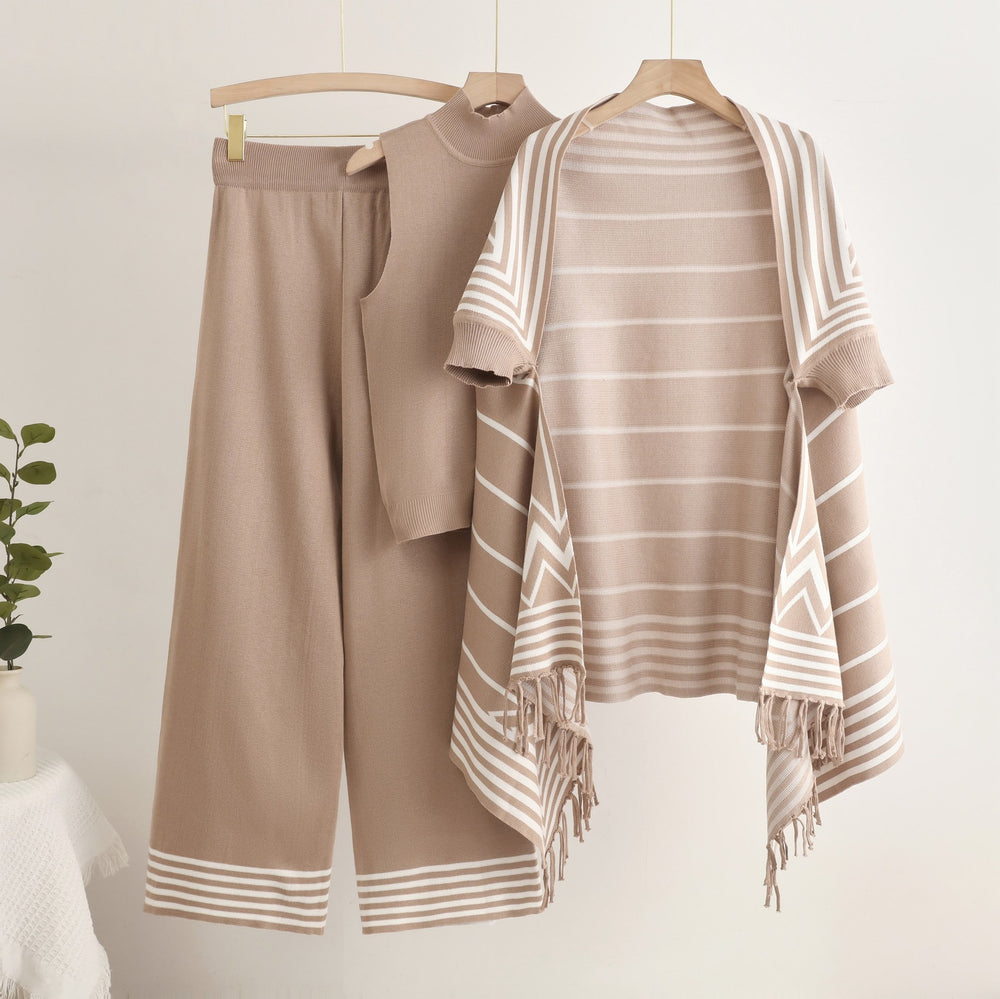 Damen elegantes Strick-Kombinationsset mit hochgeschlossenem Oberteil und weiten Hosen EB